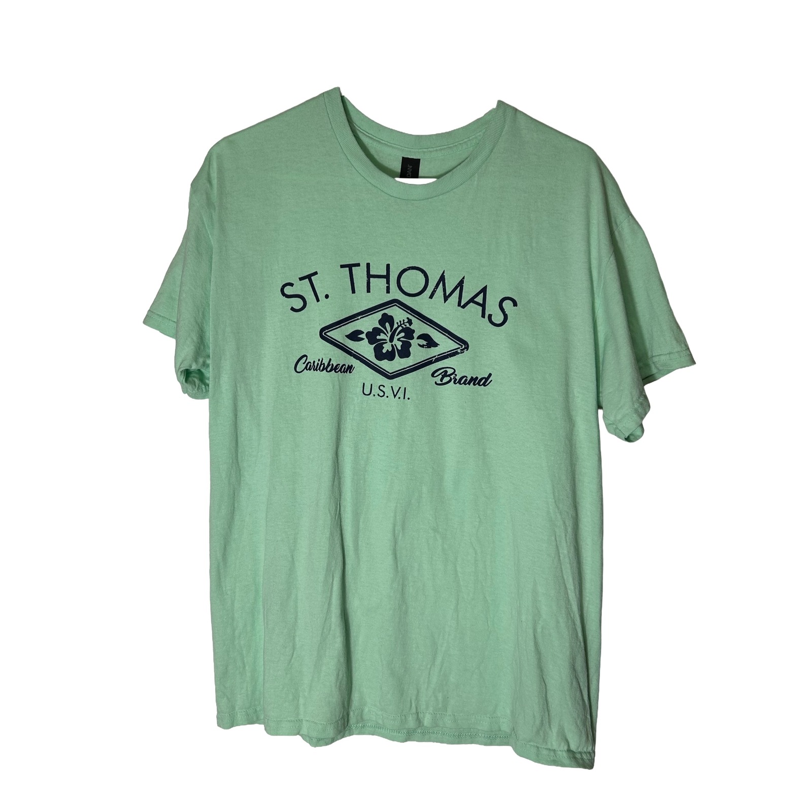 Gildan St Thomas Usvi Caribbean Brand TShirt Mens Large Mint Green Cotton